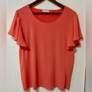 Calvin Klein| Pretty Vibrant Coral Flutter-Sleeve Lightweight Top Blouse Sz L